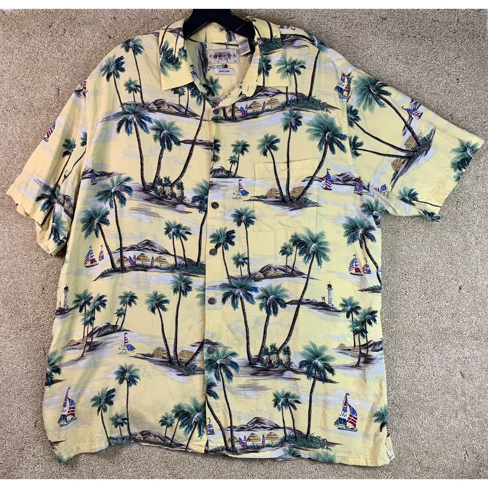 Campia Moda Aloha Hawaiian Mens Rayon Shirt XL Palm Trees Pineapples Volcanos